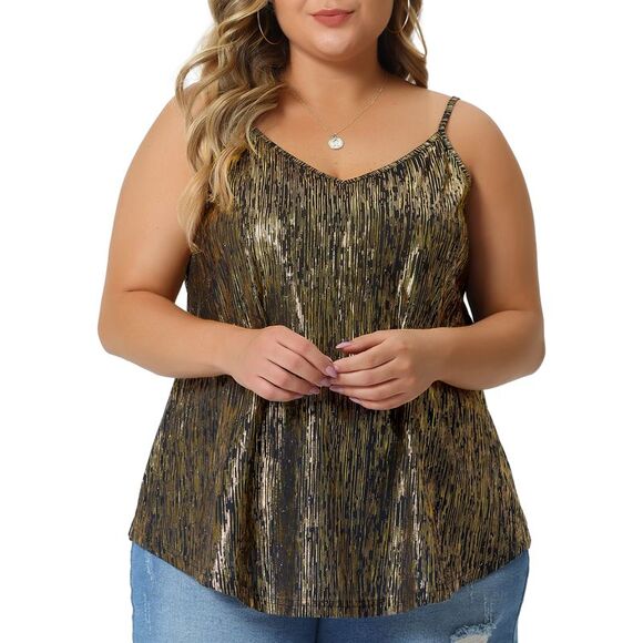 Sparkle Sequin Plus Size Cami Tops Metallic Glitter Tank Tops Black Gold - Picture 2 of 6